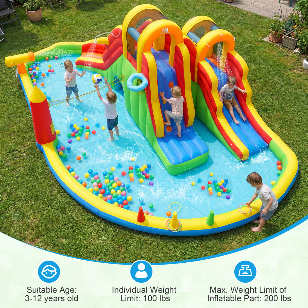 Inflatable water slide park featuring two long slides, climbing walls, and splash pool for kids' outdoor fun.