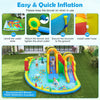 Inflatable water slide park featuring two long slides, climbing walls, and a splash pool for outdoor fun.