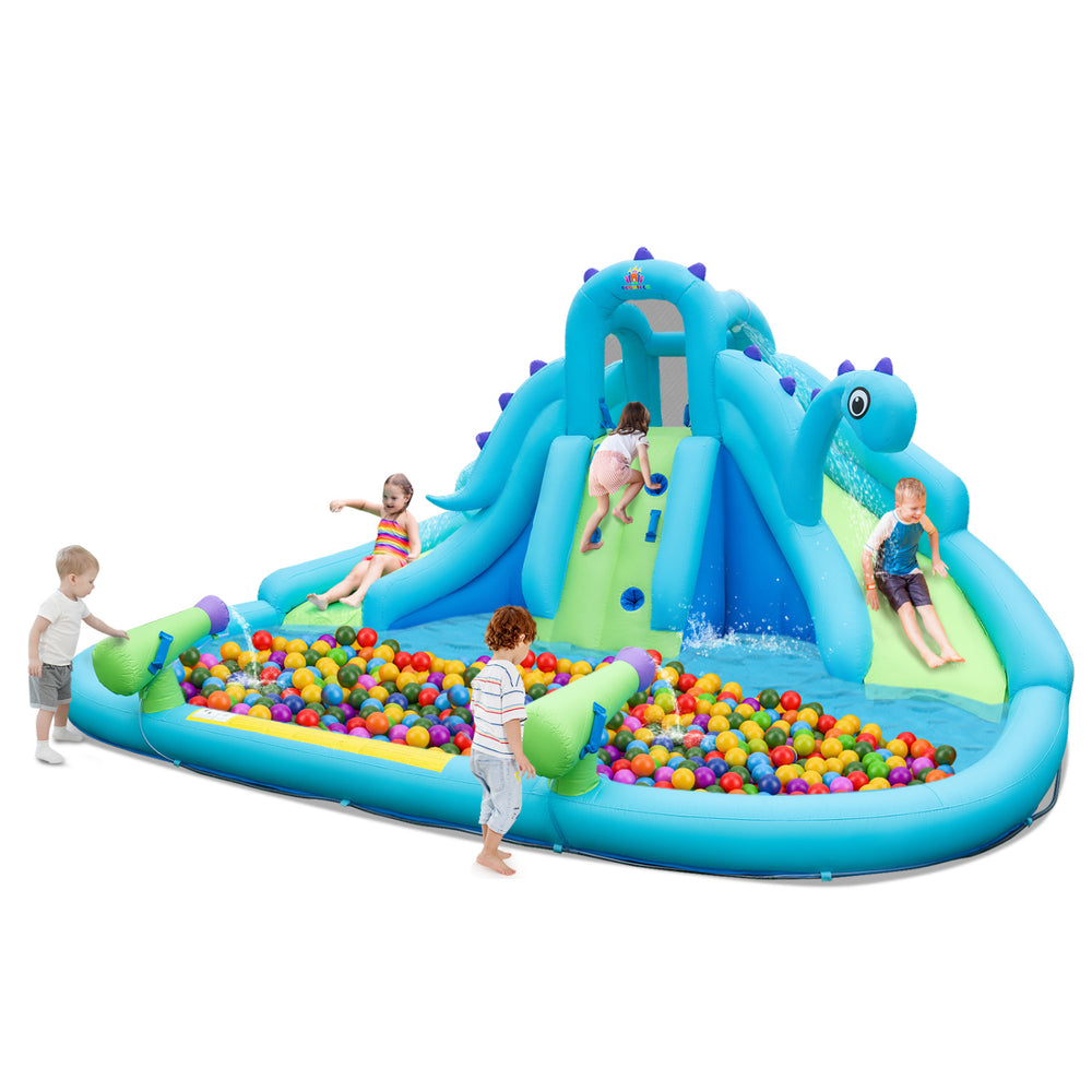 Inflatable water slide with dual slides, large splash pool, and colorful balls, perfect for summer fun for kids.