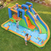 Inflatable water slide park features dual climbing walls, a splash pool, and colorful balls for outdoor fun and exercise.