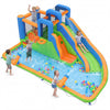 Inflatable water slide park features dual climbing walls, splash pool, and water cannons for endless summer fun.