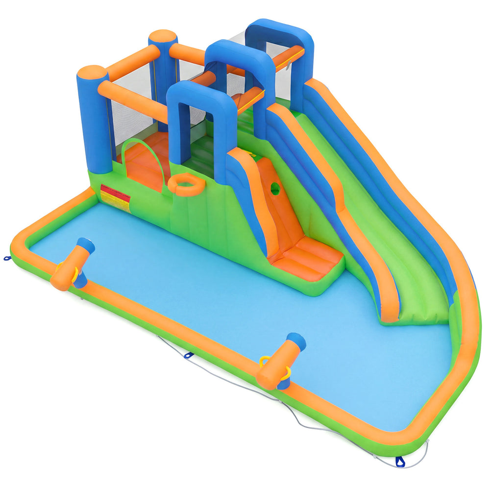 Inflatable water slide with dual climbing walls, spacious jumping area, and splash pool for outdoor fun and exercise.