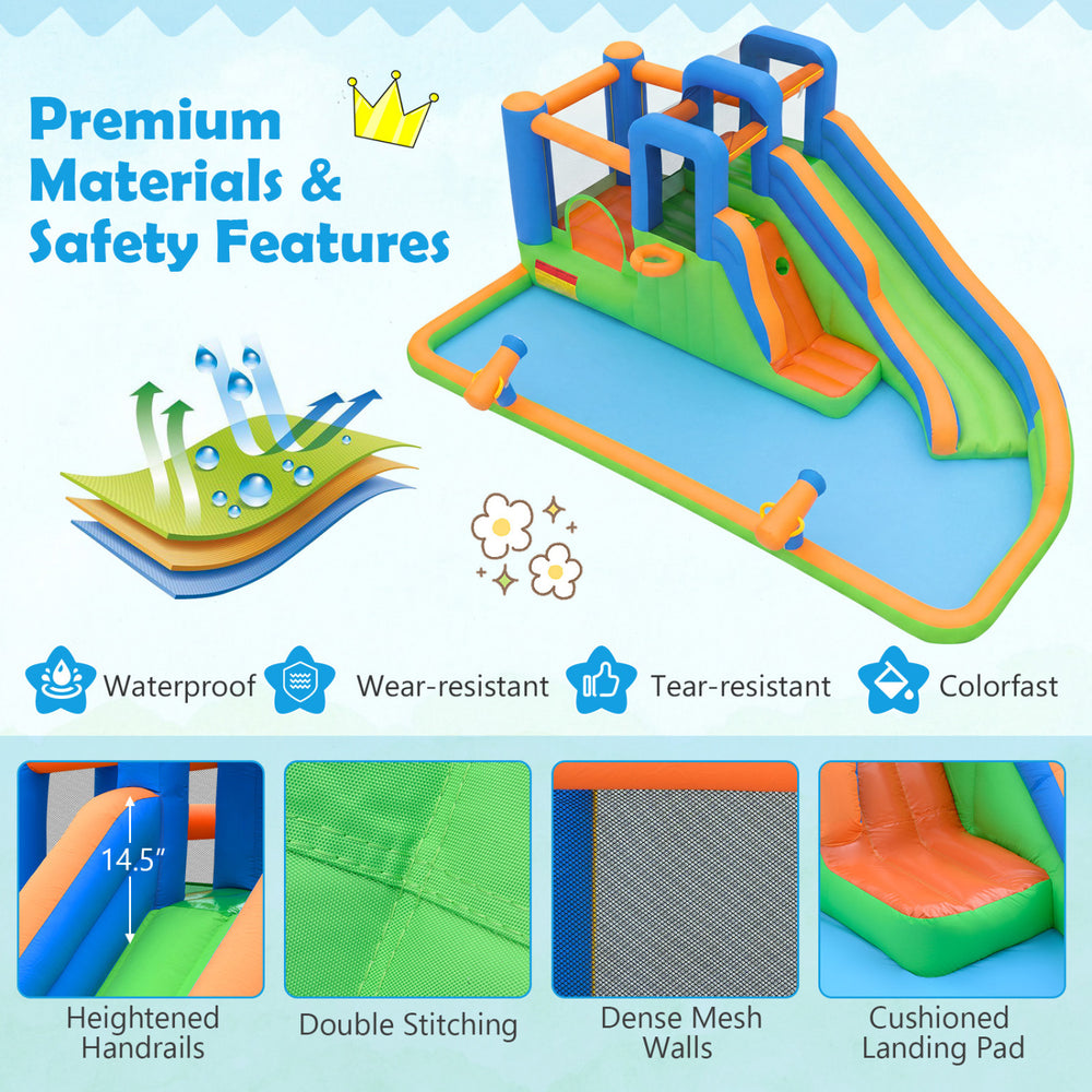 Inflatable water slide features dual climbing walls, spacious jumping area, and cushioned landing pad for safe fun.