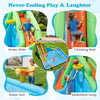 Inflatable water slide with double slides, splash pool, water cannon, and basketball hoop for backyard fun.