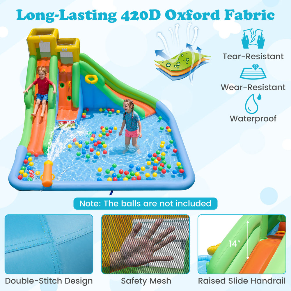 Inflatable water slide for kids featuring double slides, splash pool, and basketball hoop for backyard summer fun.