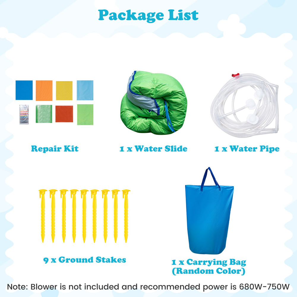 Inflatable water slide package includes double slides, splash pool, water cannon, basketball hoop, and carrying bag for backyard fun.