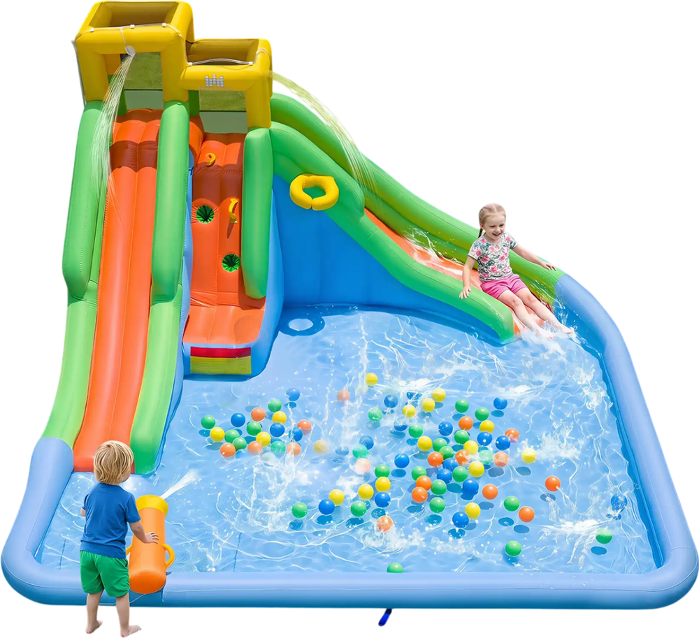 Colorful inflatable water slide for kids includes double slides, splash pool, and water gun for outdoor summer fun.