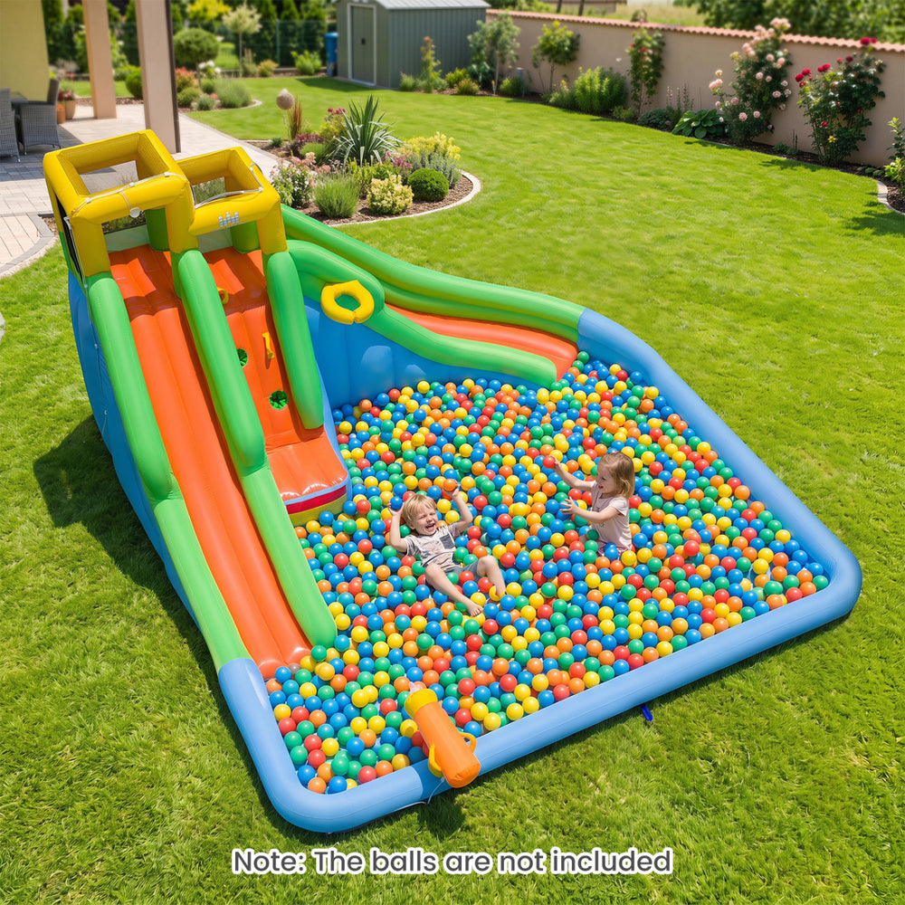 Inflatable water slide for kids featuring double slides, splash pool, and basketball hoop for backyard fun.