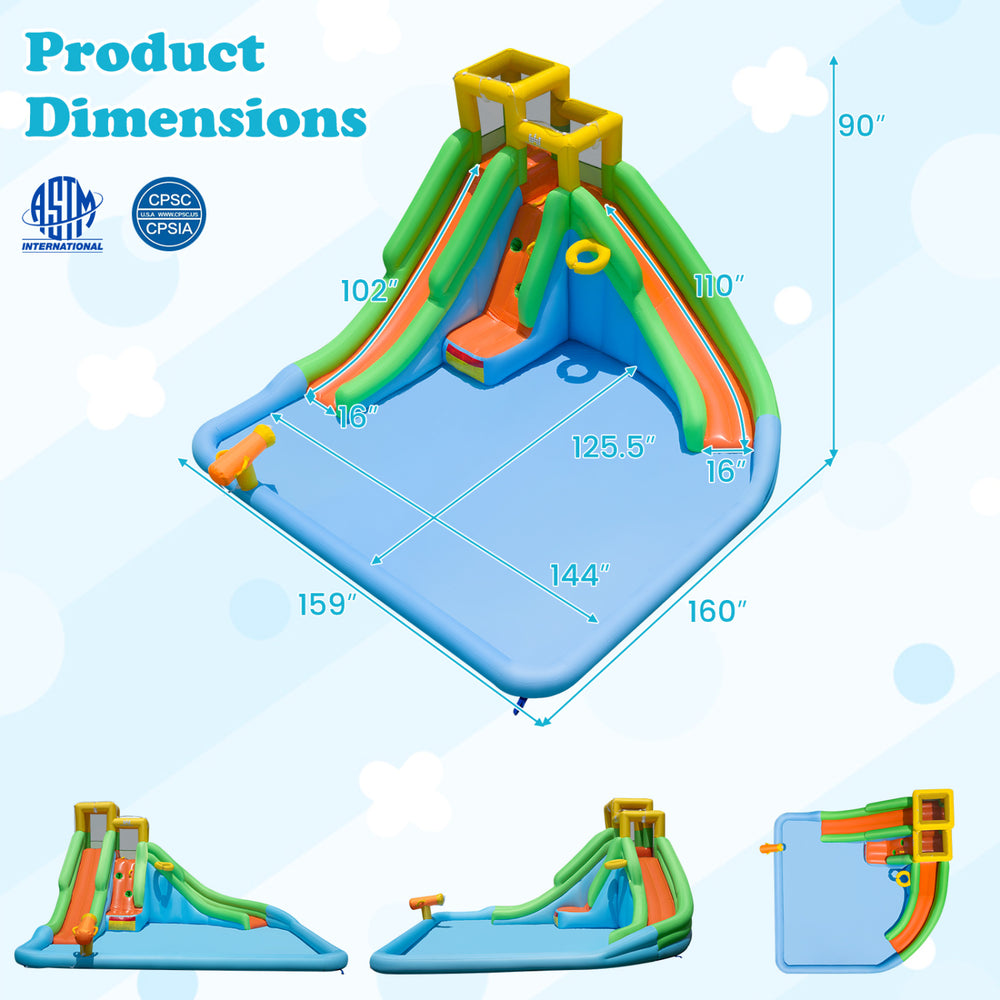 Inflatable water slide for kids featuring double slides, splash pool, water cannon, and basketball hoop for backyard fun.