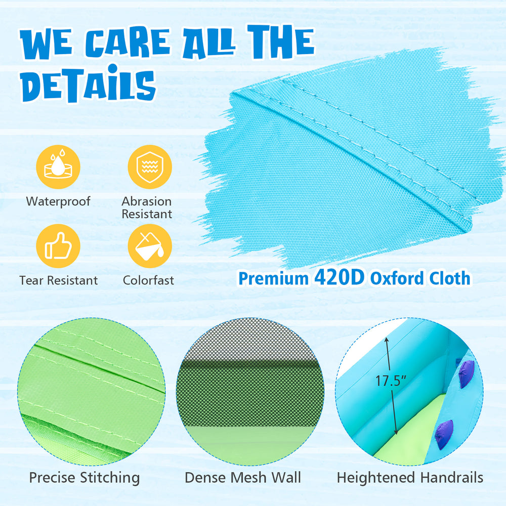 Close-up of the durable 420D Oxford cloth on the inflatable water slide, showcasing precise stitching and tear.