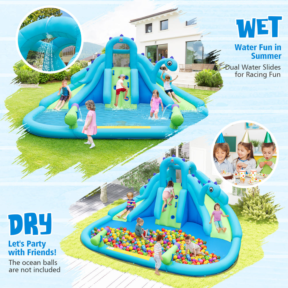 Inflatable water slide with dual slides and large splash pool, made of durable 420D Oxford cloth for outdoor fun.