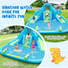 Inflatable water slide with dual slides, large splash pool, and water cannons for summer fun in the backyard.