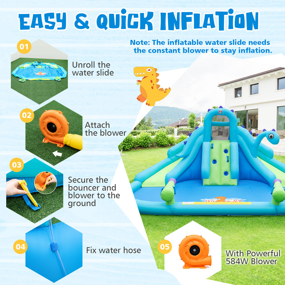 Inflatable water slide with dual slides, large splash pool, and 584W blower for outdoor summer fun.