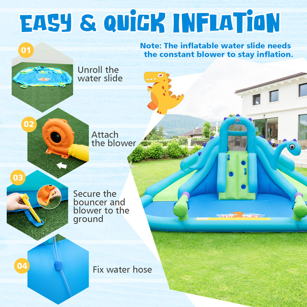 Inflatable water slide with dual slides, large splash pool, and durable 420D Oxford cloth for outdoor summer fun.