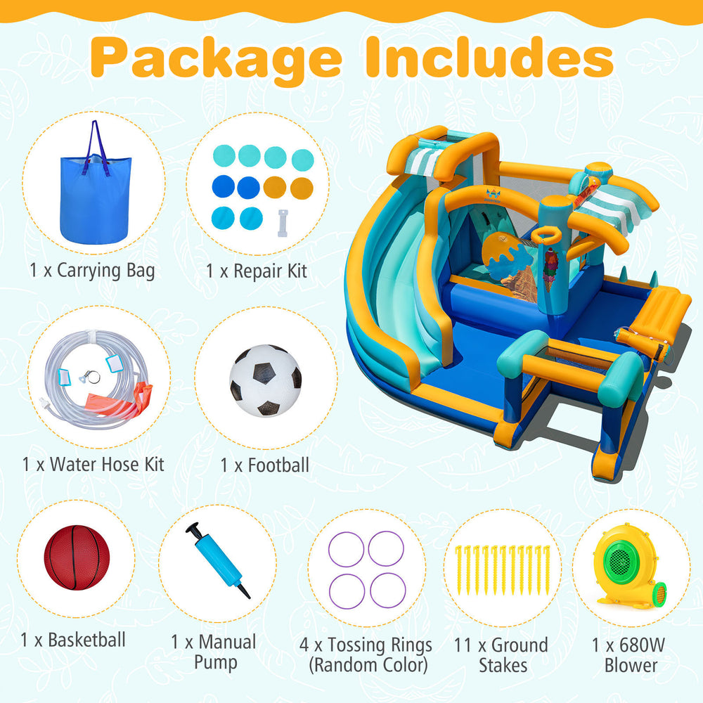 Inflatable water slide bounce house accessories including a carrying bag, repair kit, and 680W blower for easy setup.