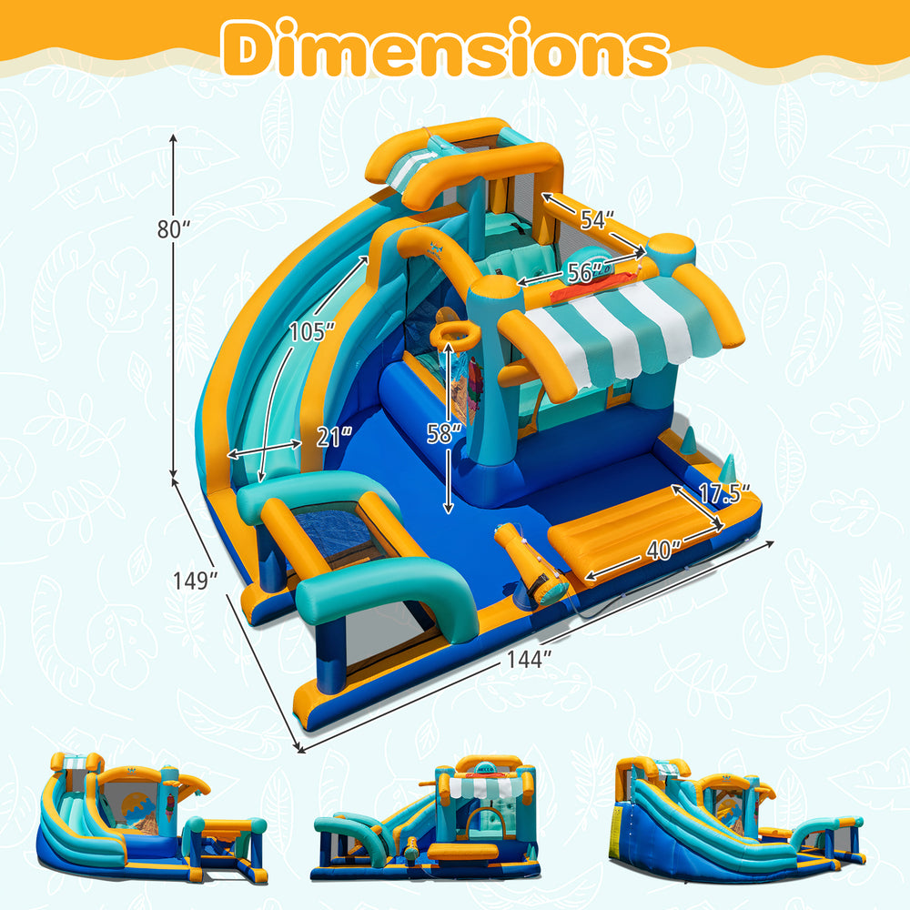 Inflatable water slide bounce house with dimensions, featuring a slide, pool, and snack counter for kids' fun.