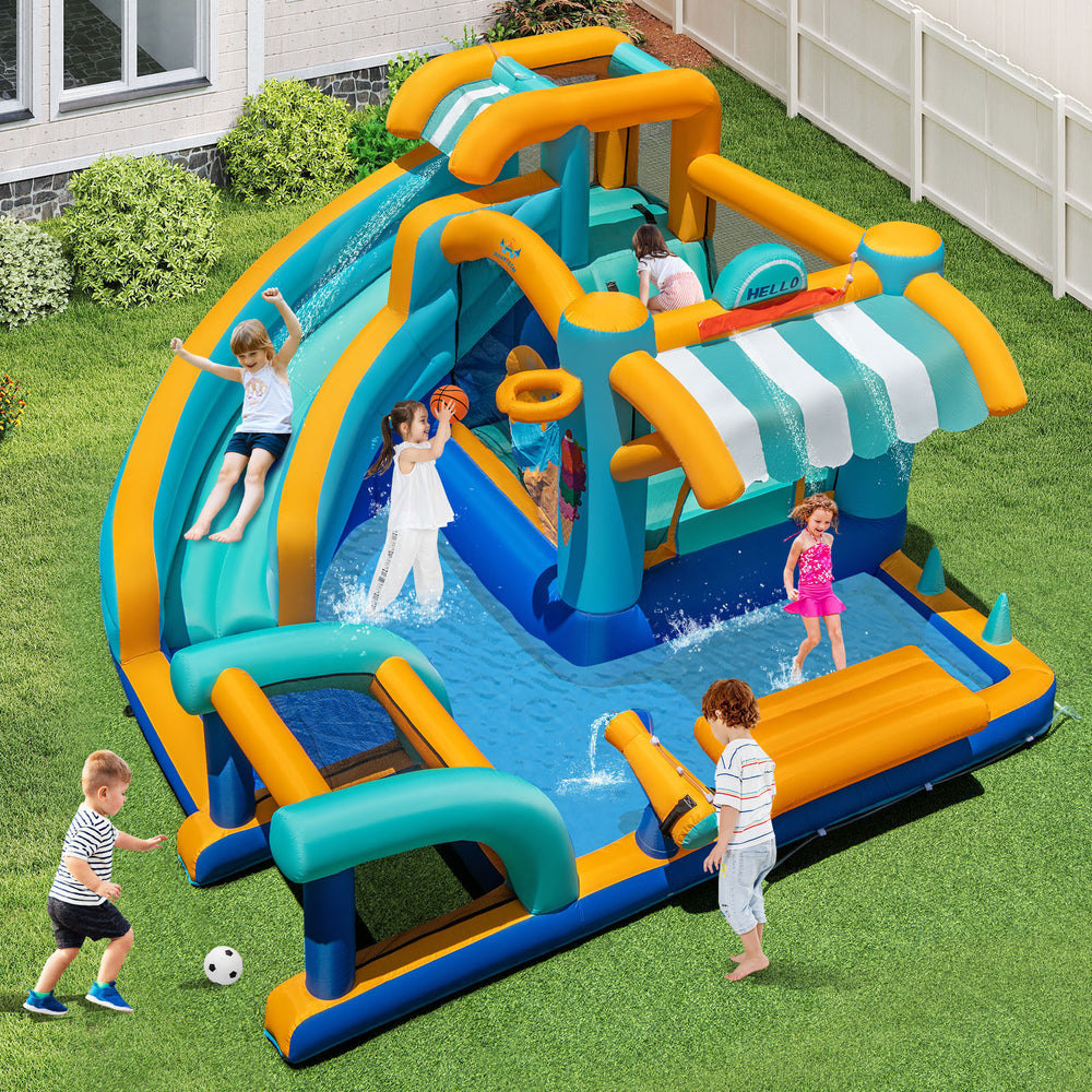 Inflatable water slide bounce house with pool, slide, and water cannon for kids' outdoor fun and games.