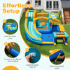 Inflatable water slide bounce house with water cannon, snack counter, and safety guardrails for kids' outdoor fun.