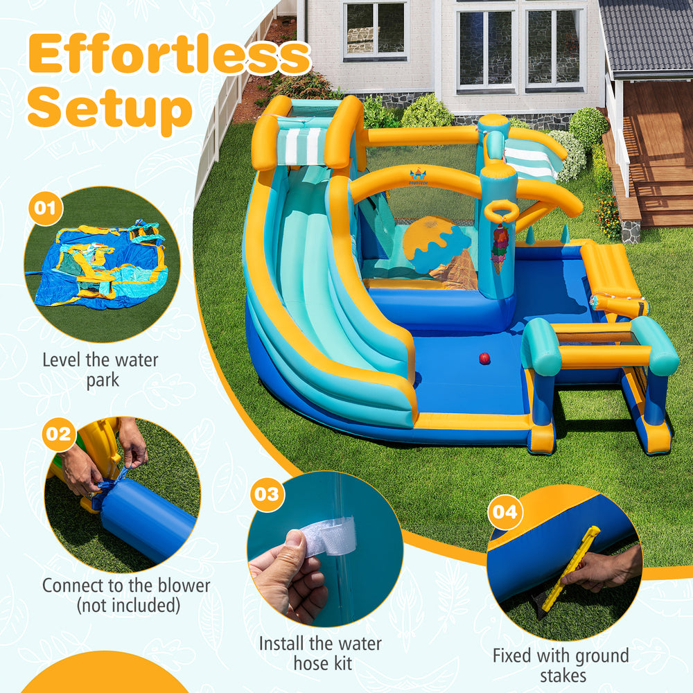 Inflatable water slide bounce house with water cannon, snack counter, and safety guardrails for kids' outdoor fun.