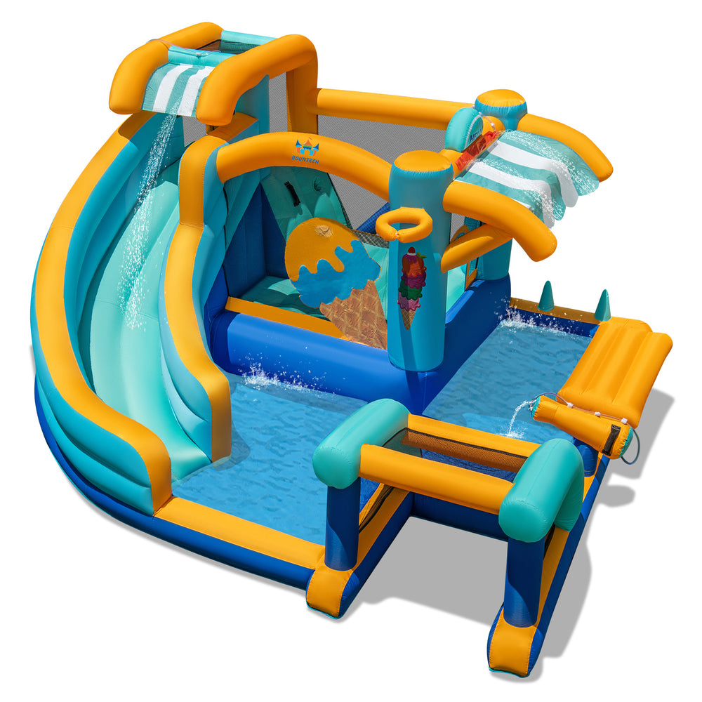 Colorful inflatable water slide bounce house with pool, water cannon, and snack counter for kids' outdoor fun.