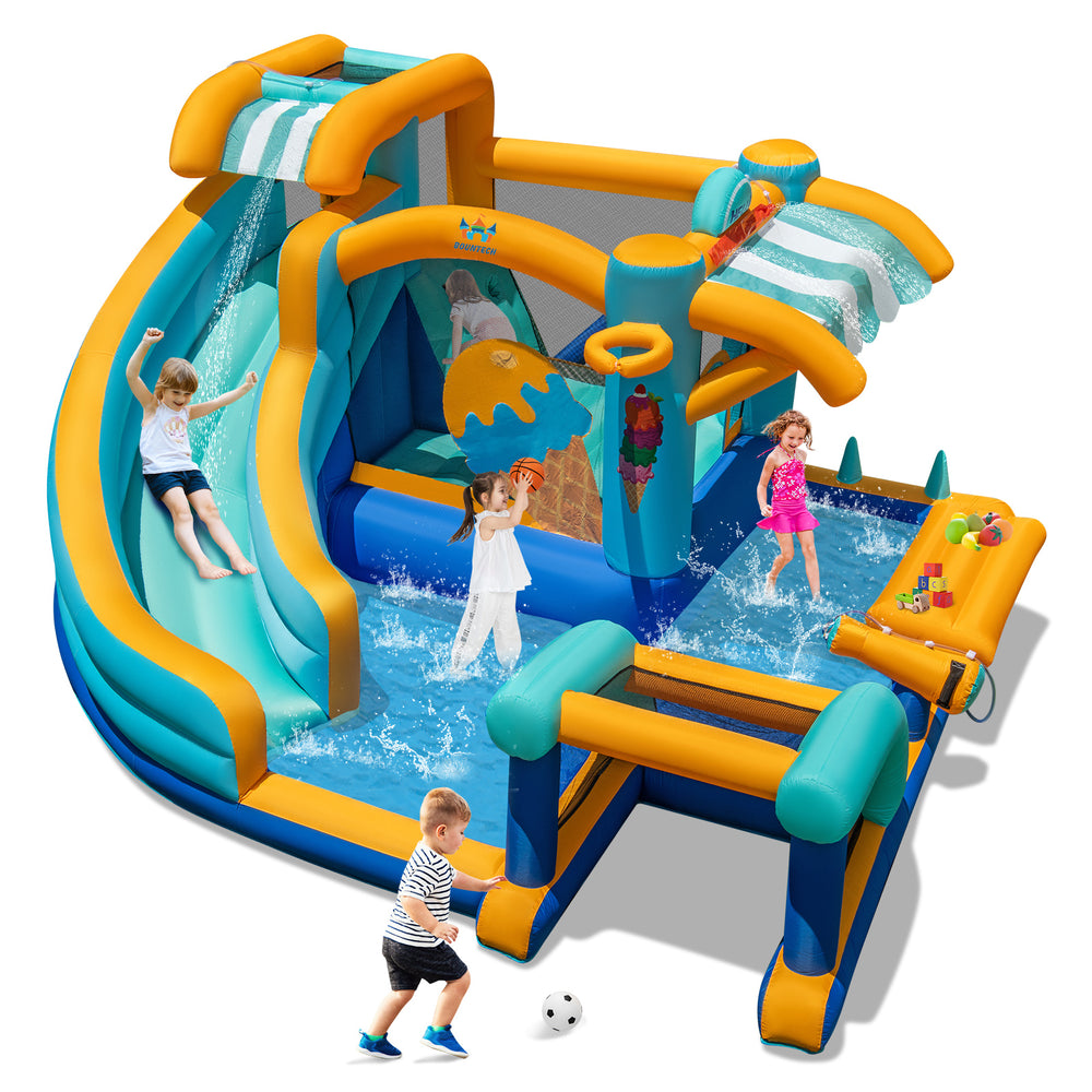Inflatable water slide bounce house with curved slide, pool, and water cannon for kids' fun and games.