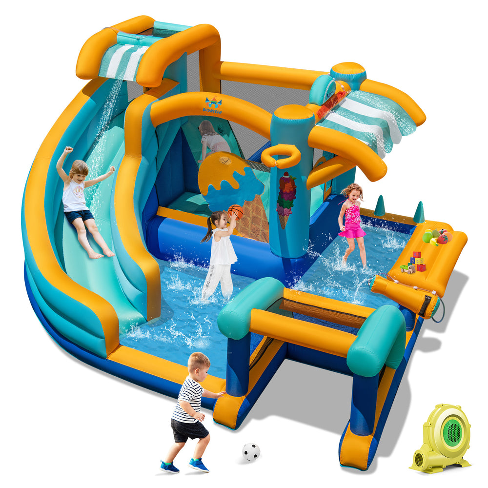 Colorful inflatable water slide bounce house featuring a built-in water cannon and spacious pool for exciting kids'.