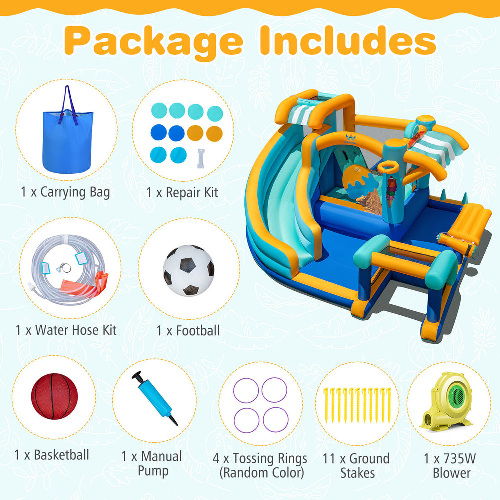 Inflatable water slide bounce house accessories including a carrying bag, repair kit, and 735W blower for easy setup.