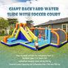 Giant inflatable water slide with soccer court, featuring dual water cannons and safety handrails for kids aged 3-12.
