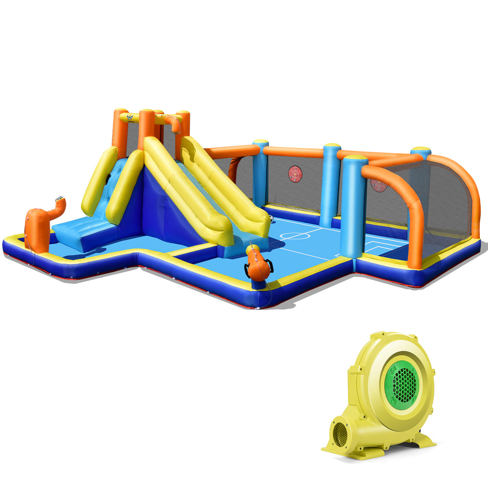 Giant soccer-themed inflatable water slide with dual water cannons, climbing wall, and safety mesh for kids' outdoor.