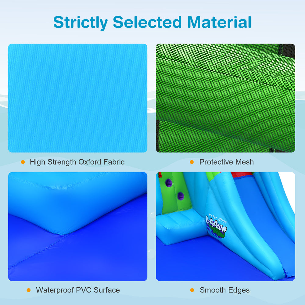 High-strength oxford fabric and waterproof PVC surface of the 7-in-1 inflatable bounce house for durable outdoor fun.