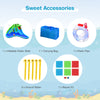 Inflatable water slide accessories including a carrying bag, water pipe, ground stakes, and repair kit for easy setup.
