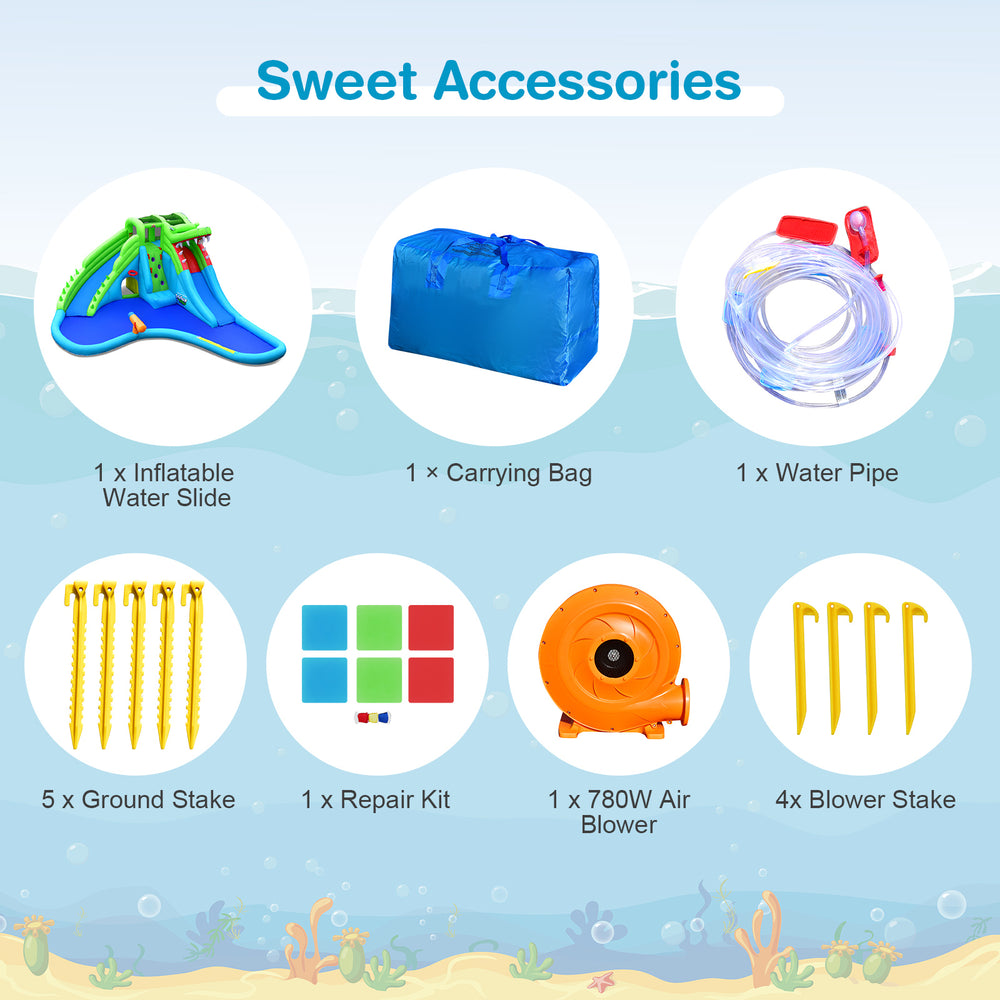 Inflatable water slide accessories including a blower, carrying bag, water pipe, stakes, and repair kit for outdoor fun.