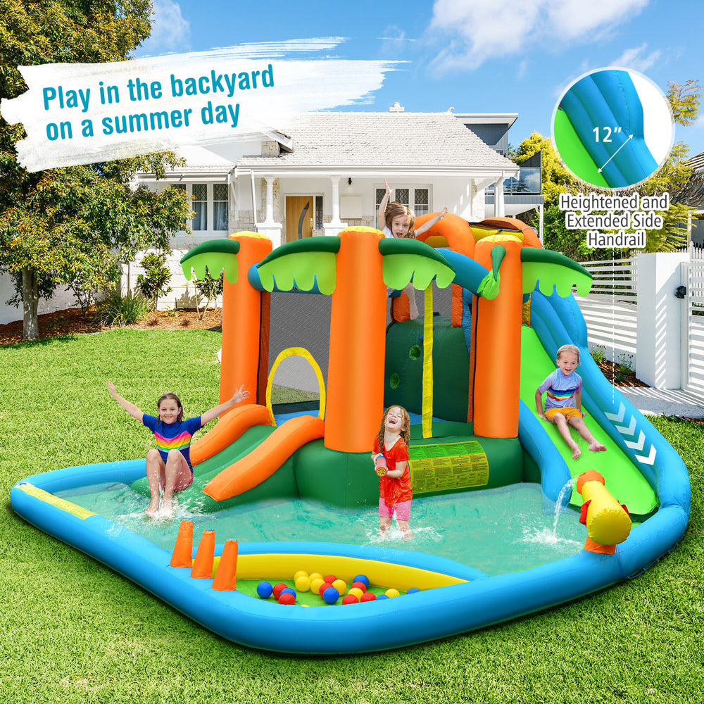 Inflatable water slide park featuring two slides, splash pool, and climbing wall, perfect for backyard fun with kids.