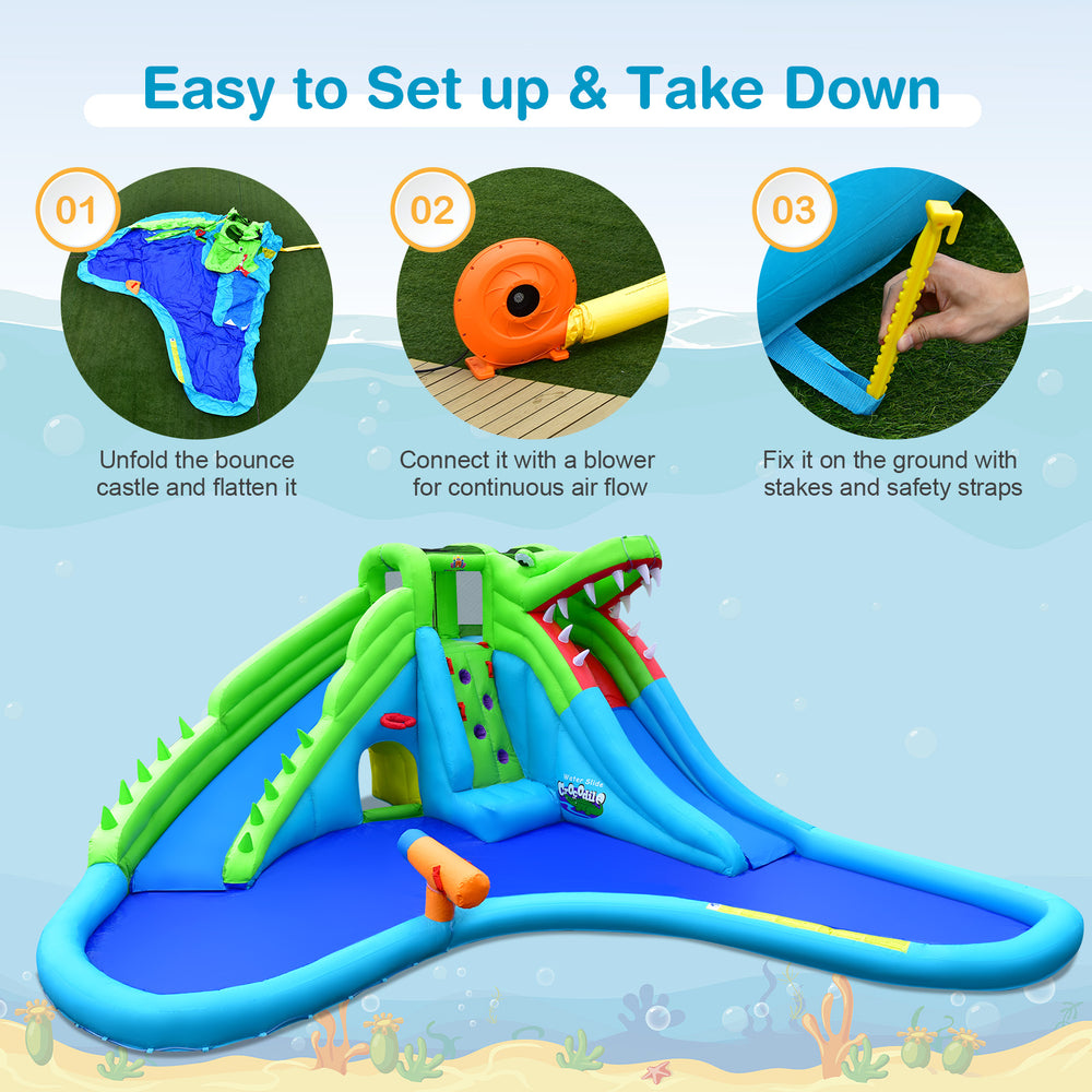 Inflatable crocodile water slide with double slides, climbing wall, and splashing pool for outdoor fun and games.