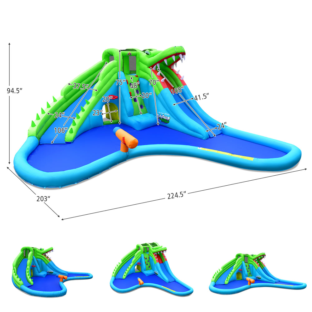 Inflatable crocodile water slide with double slides, climbing wall, and splashing pool for outdoor fun.