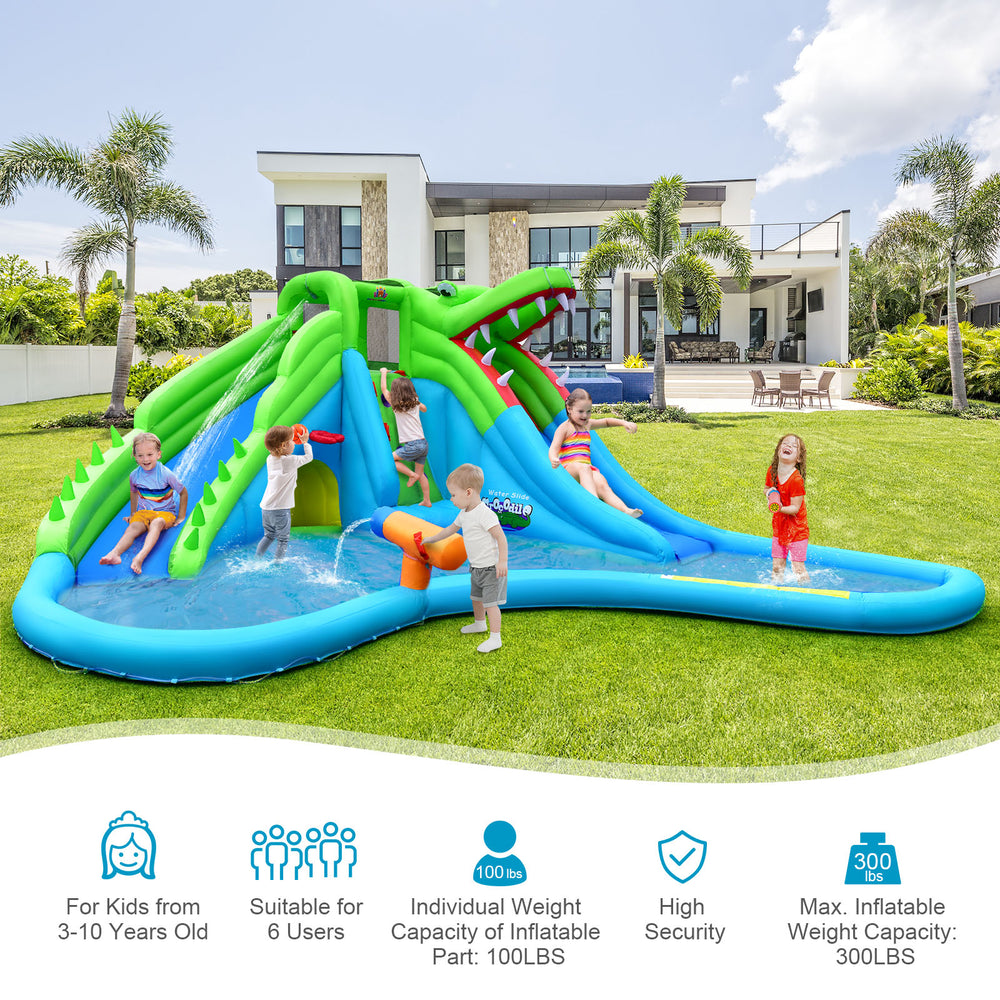 Children enjoying the 7-in-1 inflatable bounce house with water slide and splashing pool, perfect for outdoor fun.