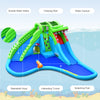 Inflatable crocodile-style water slide featuring double slides, climbing wall, and splashing pool for outdoor fun.