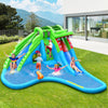 Kids climbing the inflatable crocodile water slide with bright green and blue colors, featuring a splashing pool for.