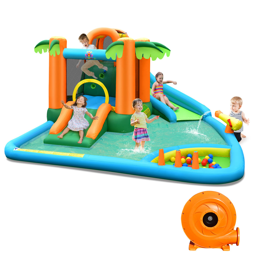 Inflatable water slide park with palm trees, two slides, splash pool, and 780W blower for kids' summer fun.