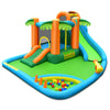 Inflatable water slide park featuring two slides, trampoline, and splash pool, designed for backyard fun for kids.