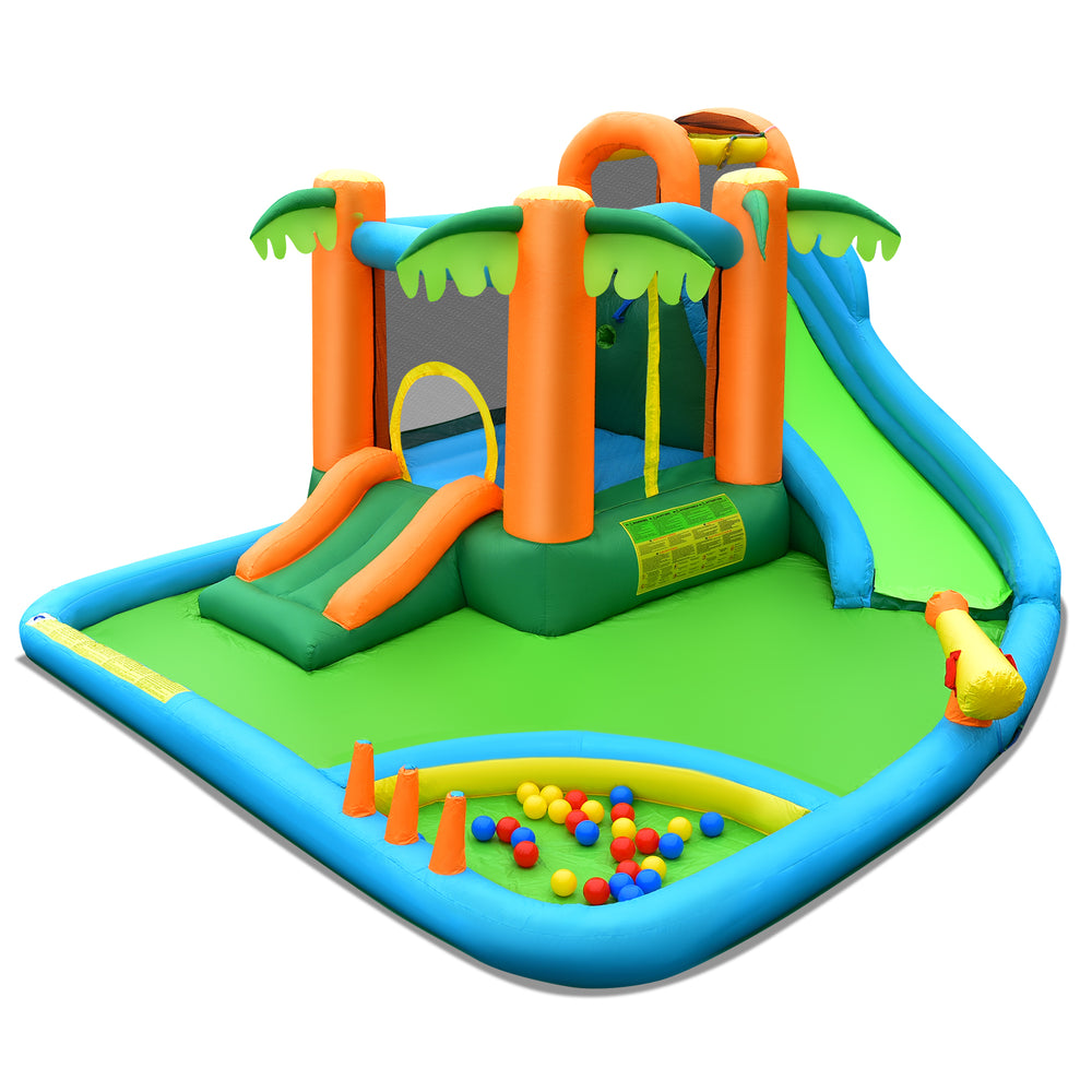 Inflatable water slide park featuring two slides, trampoline, and splash pool, designed for backyard fun for kids.