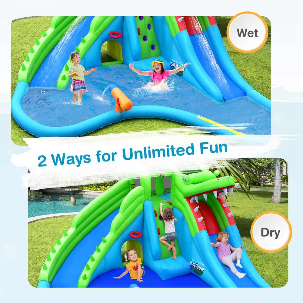Inflatable 7-in-1 bounce house with water slide and splashing pool, designed for outdoor fun with kids.
