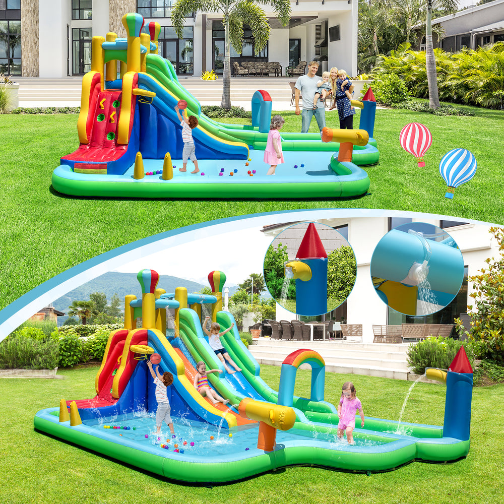 Giant inflatable water slide park with double slides, splash pool, and climbing wall for summer fun in the backyard.