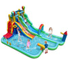 Giant inflatable water slide park featuring double slides, splash pool, and climbing wall for summer fun and.