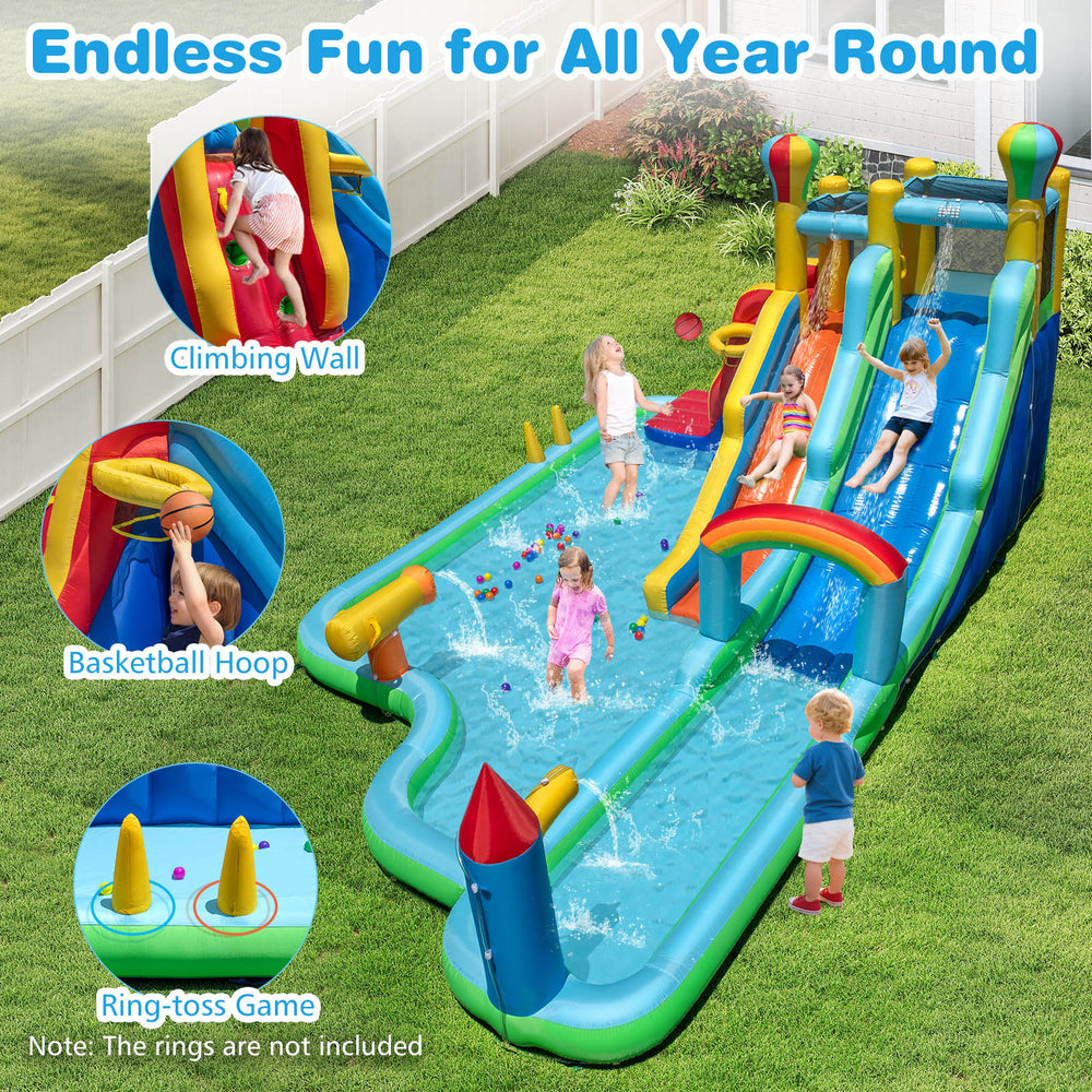 Inflatable water slide park featuring double slides, climbing wall, and splash pool for summer fun in the backyard.