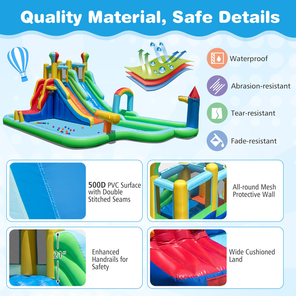 Inflatable water slide park featuring a large splash pool, double water slides, and durable 500D PVC for backyard fun.