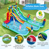 Giant inflatable water slide park with double slides, splash pool, and 950W blower for summer fun in the backyard.