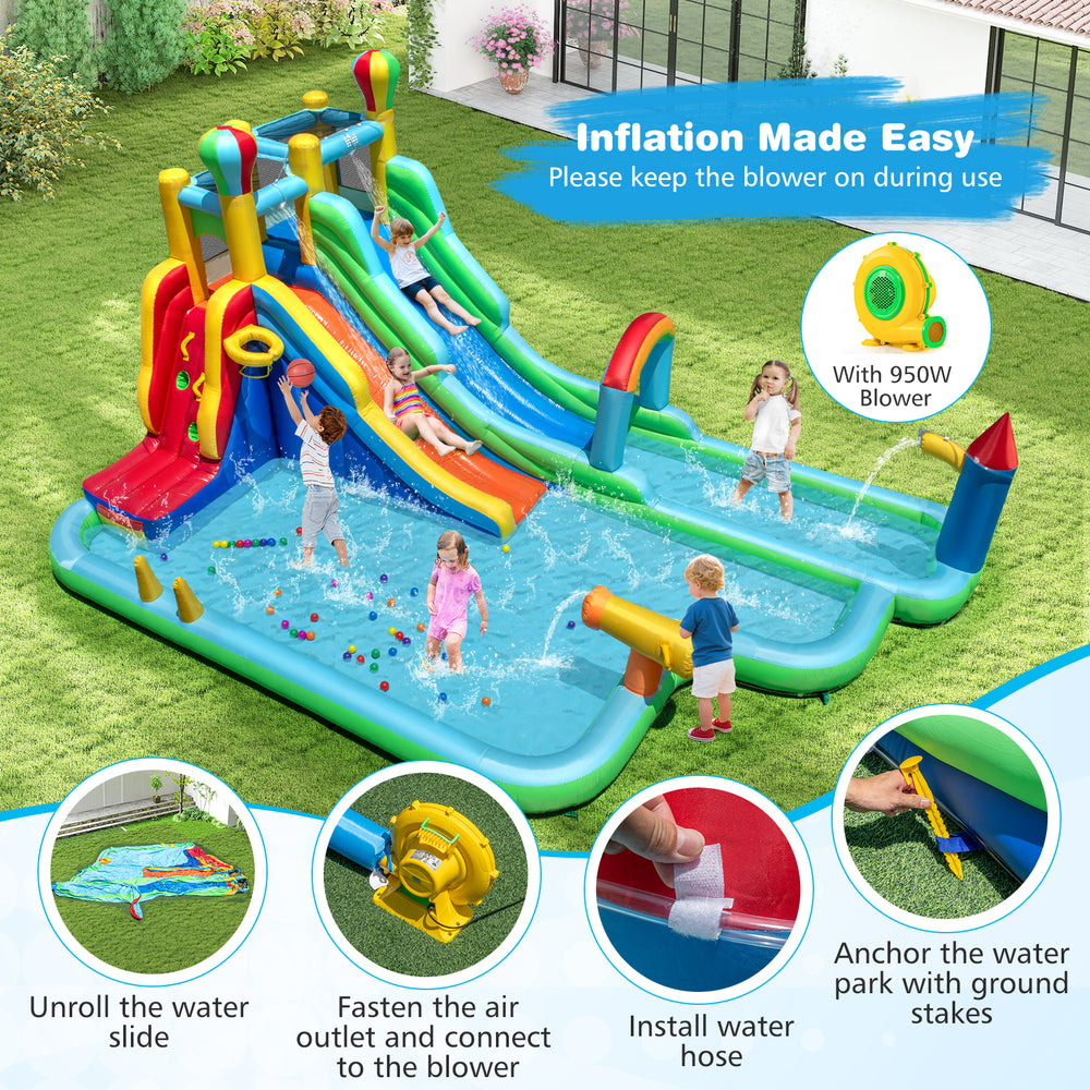Giant inflatable water slide park with double slides, splash pool, and 950W blower for summer fun in the backyard.