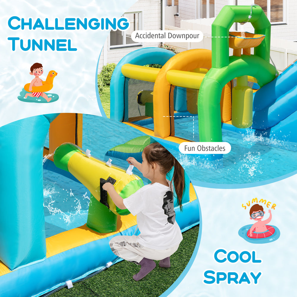 Challenging tunnel of the inflatable water slide with fun obstacles and cool spray features for summer enjoyment.