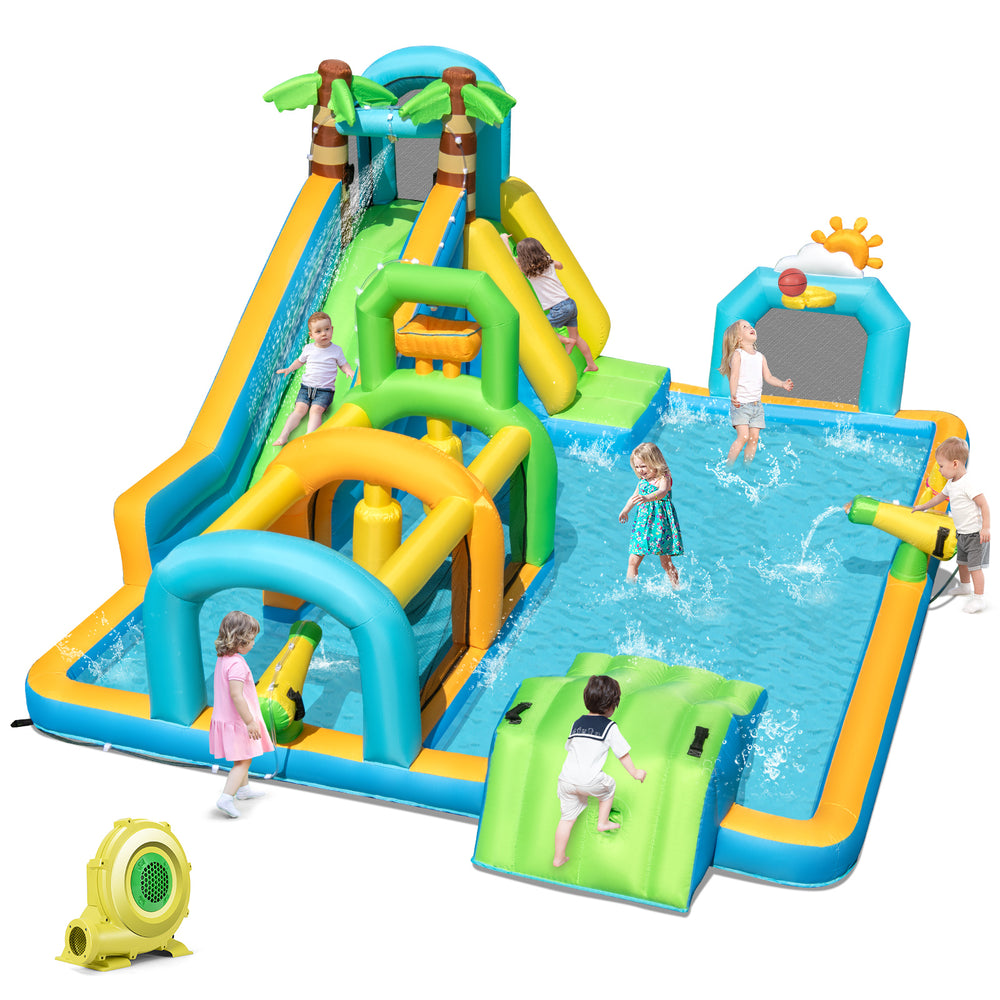 Inflatable water slide aqua park with dual slides, splash pool, and fun obstacles for outdoor summer play.